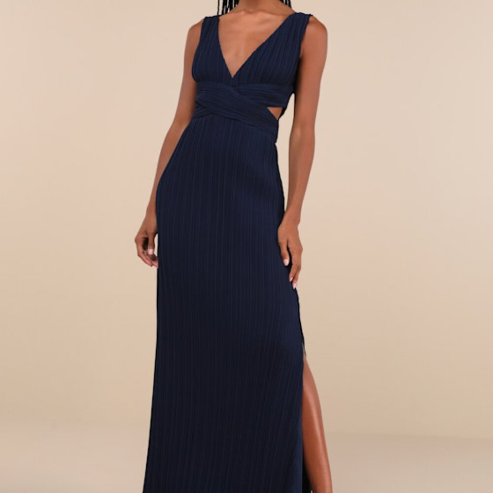 Lulus Compelling Poise Navy Blue Plisse Cutout Sleeveless Maxi Dress - Size XS